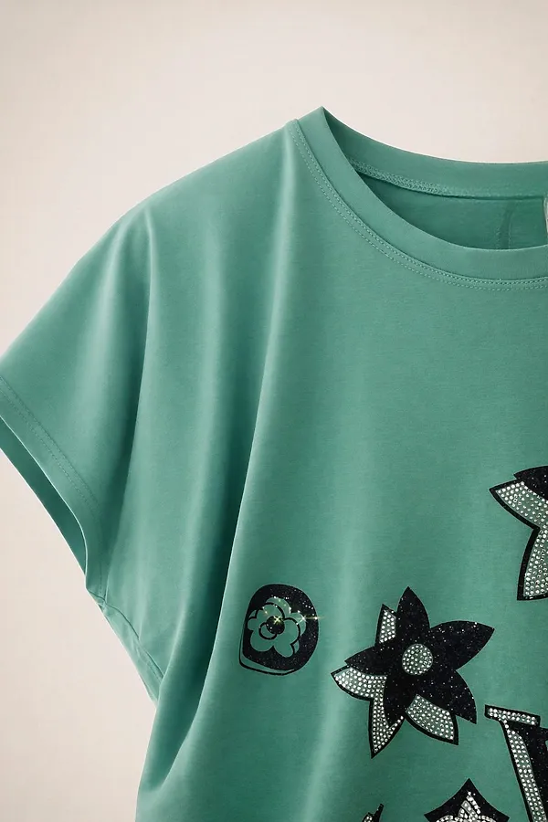 Футболка со стразами Graphic Bloom арт. А1025 НАТАЛИ, бирюзовый - фото 2