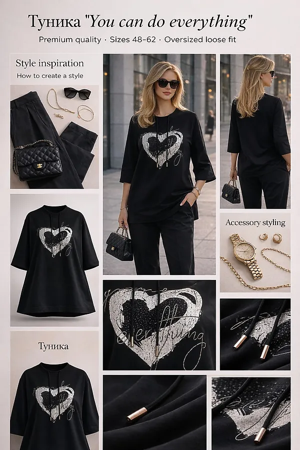 Туника "You can do everything" арт.6821 НАТАЛИ, черный - фото 2