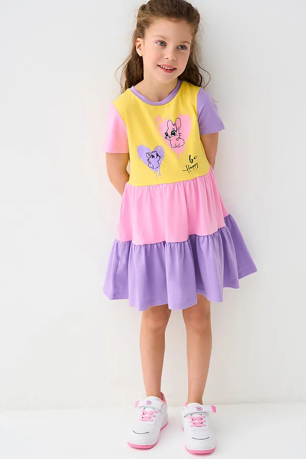 Платье трикотажное для девочек PLAYTODAY, сиреневый,розовый,жёлтый - фото 2