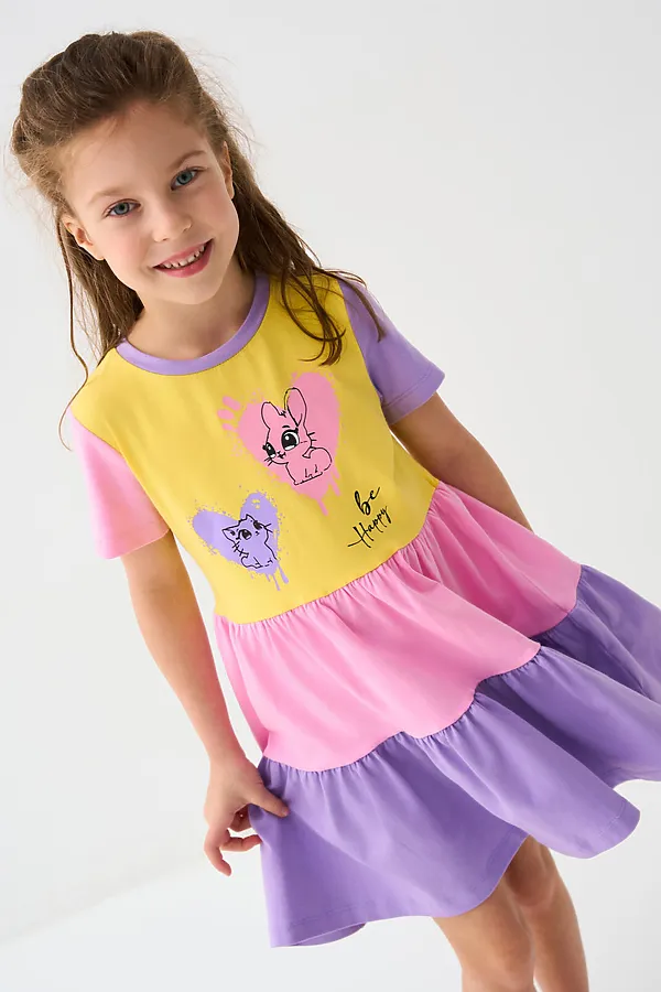 Платье трикотажное для девочек PLAYTODAY, сиреневый,розовый,жёлтый - фото 2