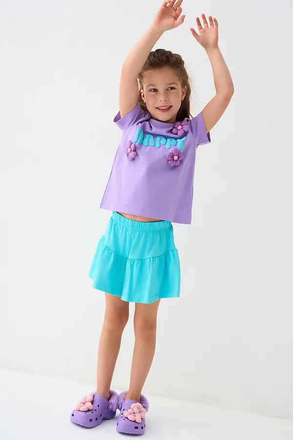 Комплект трикотажный для девочек: фуфайка (футболка), шорты PLAYTODAY, сиреневый,бирюзовый - фото 2
