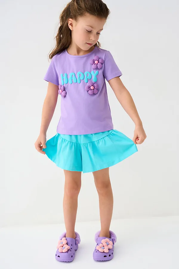 Комплект трикотажный для девочек: фуфайка (футболка), шорты PLAYTODAY, сиреневый,бирюзовый - фото 2