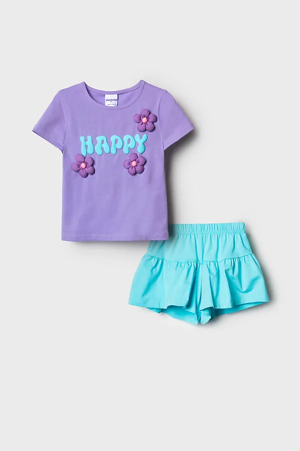Комплект трикотажный для девочек: фуфайка (футболка), шорты PLAYTODAY, сиреневый,бирюзовый - фото 2