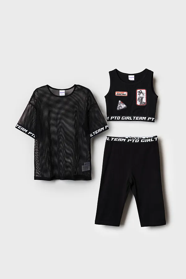 Комплект трикотажный для девочек: брюки (легинсы укороченные), топ, фуфайка (футболка) PLAYTODAY, черный - фото 2
