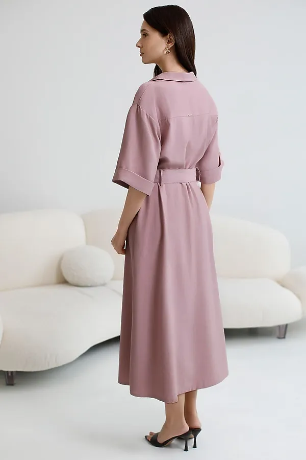 Платье-рубашка А-силуэта с поясом и карманами из плотного лиоцелла VILATTE, зефирно-розовый - фото 2