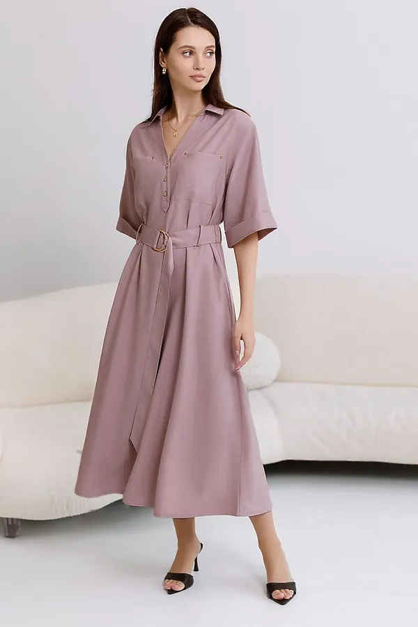 Платье-рубашка А-силуэта с поясом и карманами из плотного лиоцелла VILATTE, зефирно-розовый - фото 2