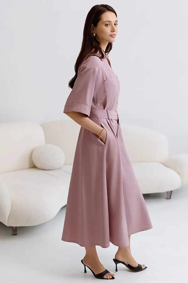 Платье-рубашка А-силуэта с поясом и карманами из плотного лиоцелла VILATTE, зефирно-розовый - фото 2