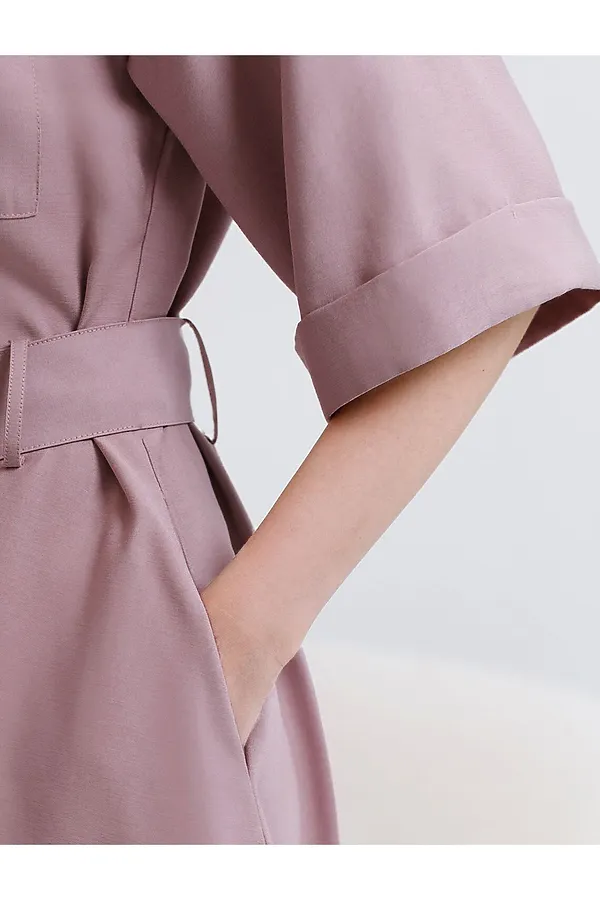 Платье-рубашка А-силуэта с поясом и карманами из плотного лиоцелла VILATTE, зефирно-розовый - фото 2