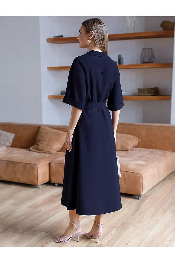Платье-рубашка А-силуэта с поясом и карманами из плотного лиоцелла VILATTE, темно-синий - фото 2