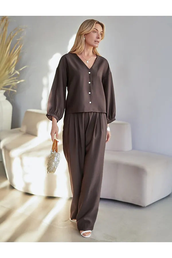 Брюки палаццо с защипами из плотного лиоцелла VILATTE, кофейный - фото 2