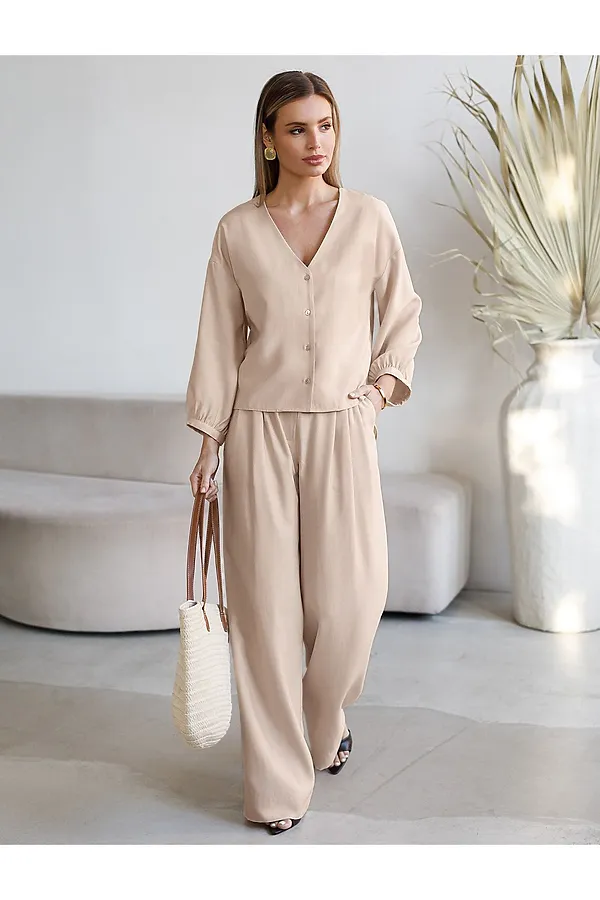 Брюки палаццо с защипами из плотного лиоцелла VILATTE, овсяный - фото 2