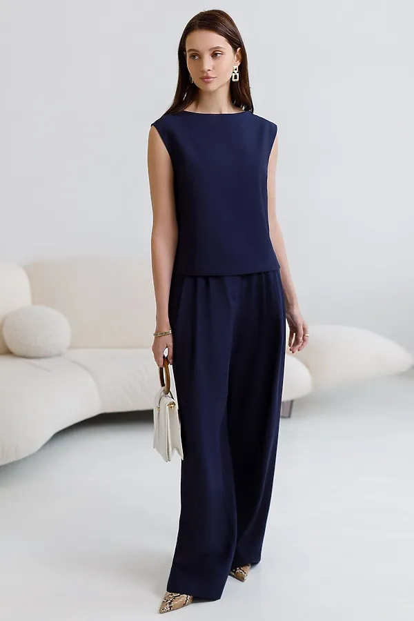 Брюки палаццо с защипами из плотного лиоцелла VILATTE, темно-синий - фото 2