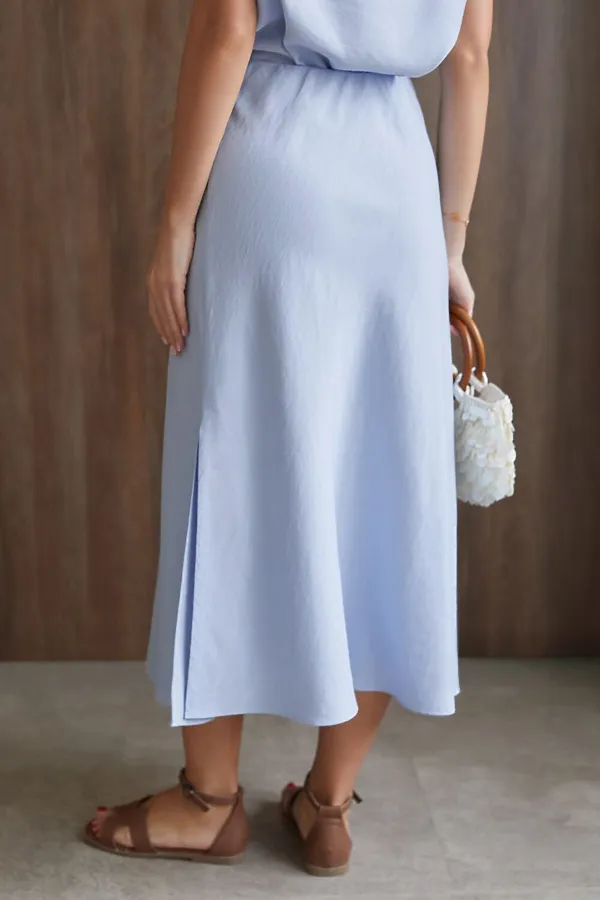 Юбка миди с разрезом скроенная по косой из плотного лиоцелла VILATTE, голубой - фото 2