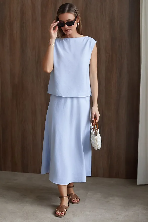 Юбка миди с разрезом скроенная по косой из плотного лиоцелла VILATTE, голубой - фото 2