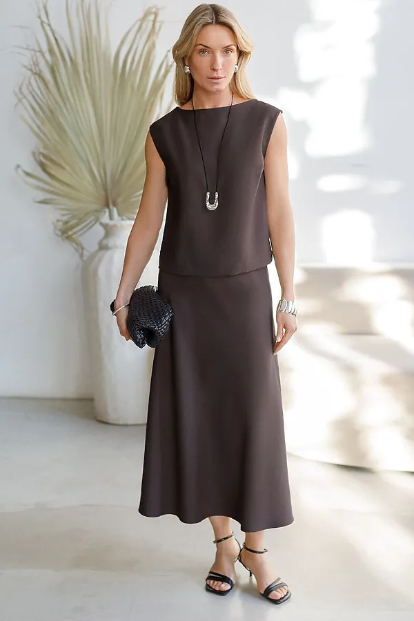 Юбка миди с разрезом скроенная по косой из плотного лиоцелла VILATTE, кофейный - фото 2