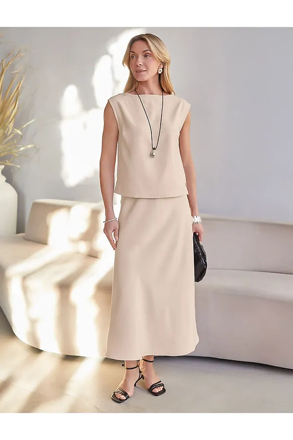 Юбка миди с разрезом скроенная по косой из плотного лиоцелла VILATTE, овсяный - фото 2