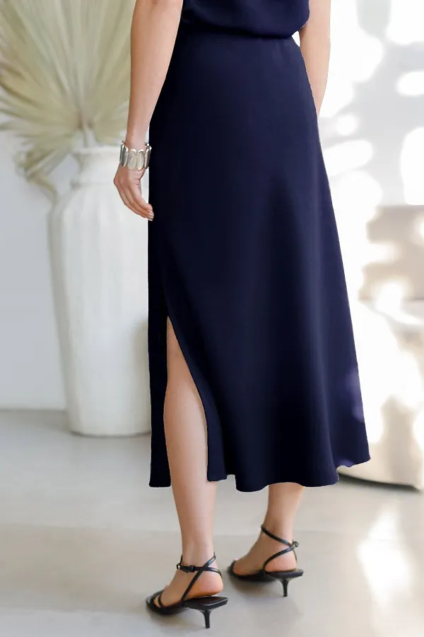 Юбка миди с разрезом скроенная по косой из плотного лиоцелла VILATTE, темно-синий - фото 2