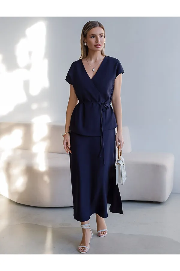 Юбка миди с разрезом скроенная по косой из плотного лиоцелла VILATTE, темно-синий - фото 2