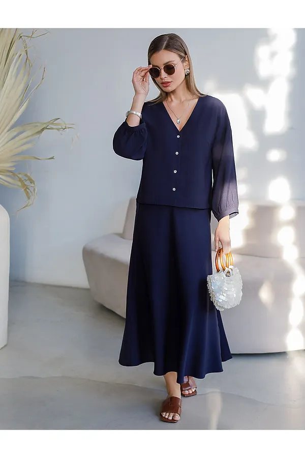 Юбка миди с разрезом скроенная по косой из плотного лиоцелла VILATTE, темно-синий - фото 2