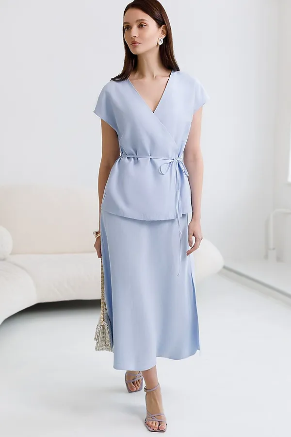 Жилет на запАх с поясом из плотного лиоцелла VILATTE, голубой - фото 2