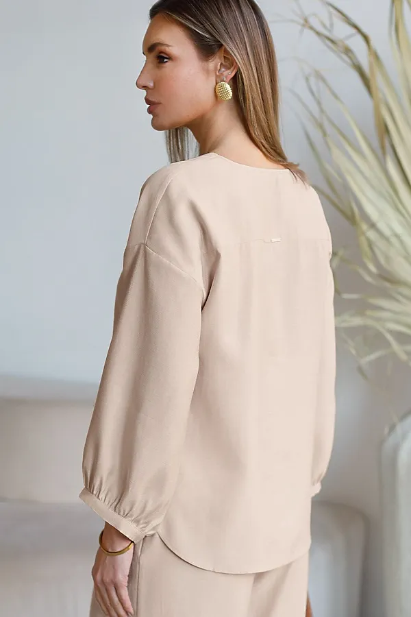 Укороченная блузка с V вырезом из плотного лиоцелла VILATTE, овсяный - фото 2