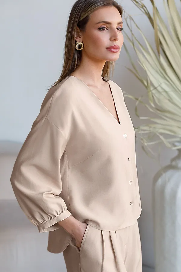 Укороченная блузка с V вырезом из плотного лиоцелла VILATTE, овсяный - фото 2