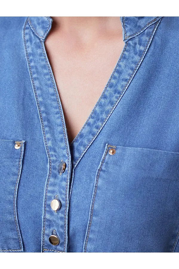 Платье-рубашка с поясом и карманами из джинсового лиоцелла VILATTE, светло-синий - фото 2