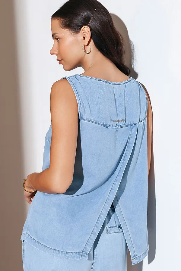 Топ с вырезом лодочка и асимметричным разрезом на спине из джинсового лиоцелла VILATTE, светло-голубой - фото 2