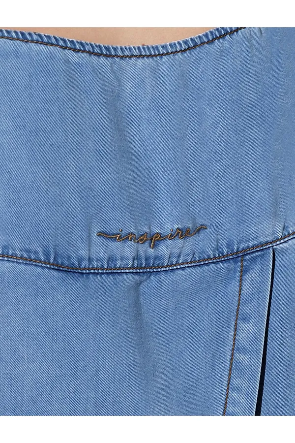 Топ с вырезом лодочка и асимметричным разрезом на спине из джинсового лиоцелла VILATTE, светло-синий - фото 2