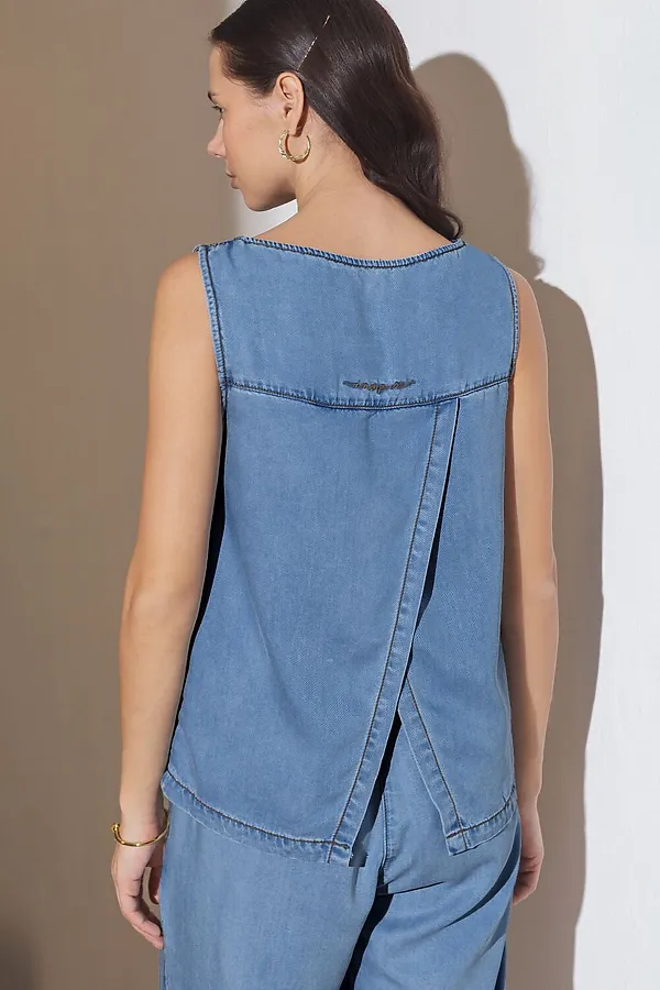 Топ с вырезом лодочка и асимметричным разрезом на спине из джинсового лиоцелла VILATTE, светло-синий - фото 2