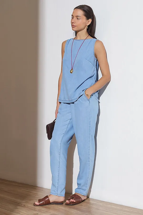 Брюки бананы с поясом на резинке из джинсового лиоцелла VILATTE, светло-голубой - фото 2