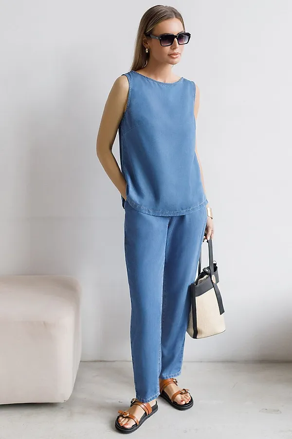 Брюки бананы с поясом на резинке из джинсового лиоцелла VILATTE, светло-синий - фото 2