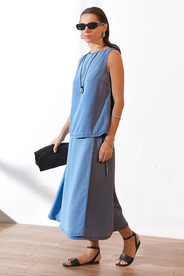 Юбка миди на запах А-силуэта из джинсового лиоцелла VILATTE, светло-синий - фото 2