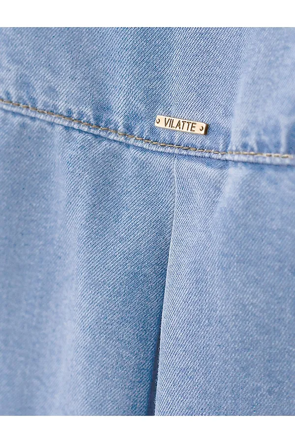 Укороченная блузка с коротким рукавом из джинсового лиоцелла VILATTE, светло-голубой - фото 2