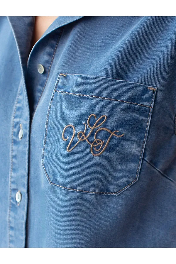 Укороченная блузка с коротким рукавом из джинсового лиоцелла VILATTE, светло-синий - фото 2