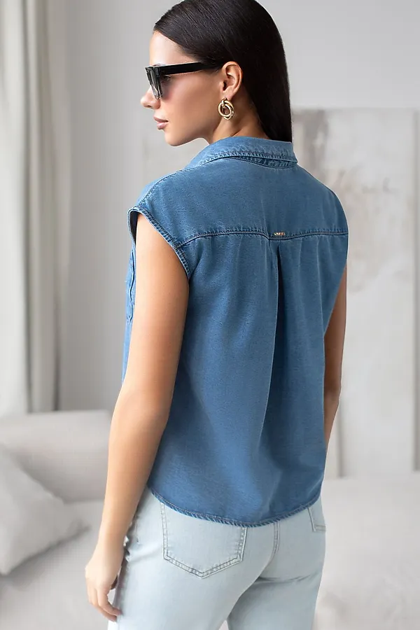 Укороченная блузка с коротким рукавом из джинсового лиоцелла VILATTE, светло-синий - фото 2