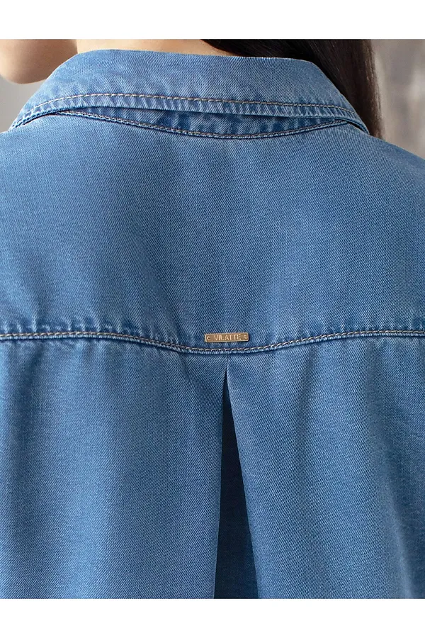 Укороченная блузка с коротким рукавом из джинсового лиоцелла VILATTE, светло-синий - фото 2