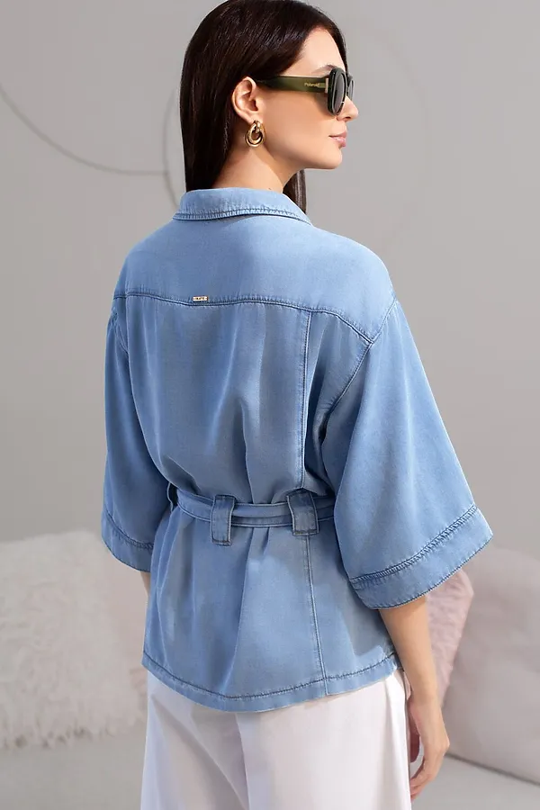 Удлиненная блузка с поясом и карманами из джинсового лиоцелла VILATTE, светло-голубой - фото 2