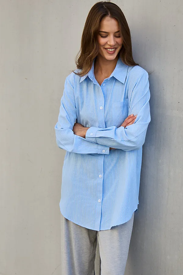 Рубашка оверсайз в полоску хлопковая НАТАЛИ, голубой - фото 2