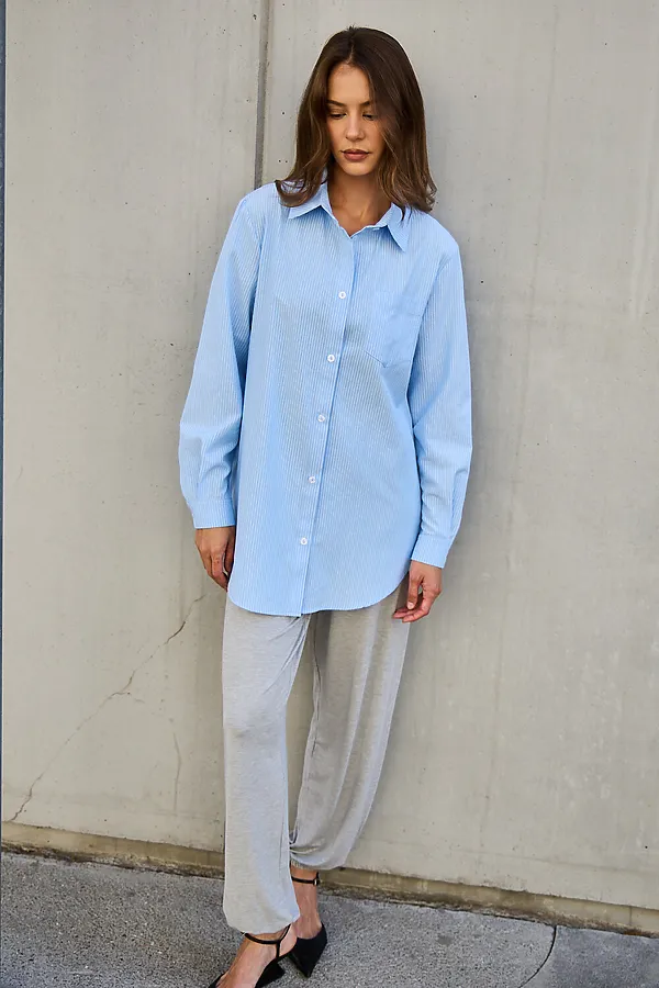 Рубашка оверсайз в полоску хлопковая НАТАЛИ, голубой - фото 2