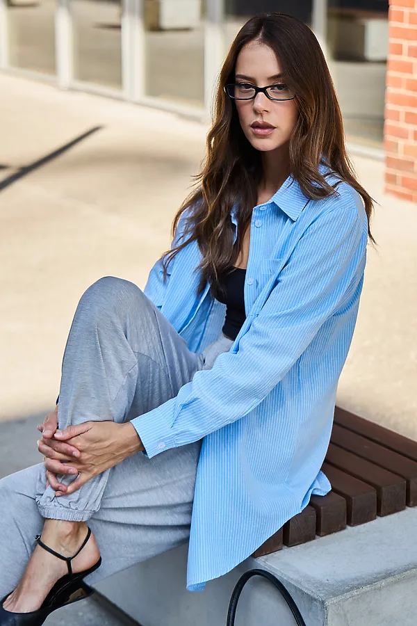 Рубашка оверсайз в полоску хлопковая НАТАЛИ, голубой - фото 2