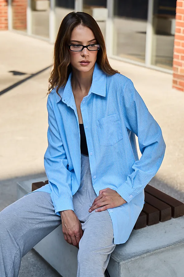 Рубашка оверсайз в полоску хлопковая НАТАЛИ, голубой - фото 2