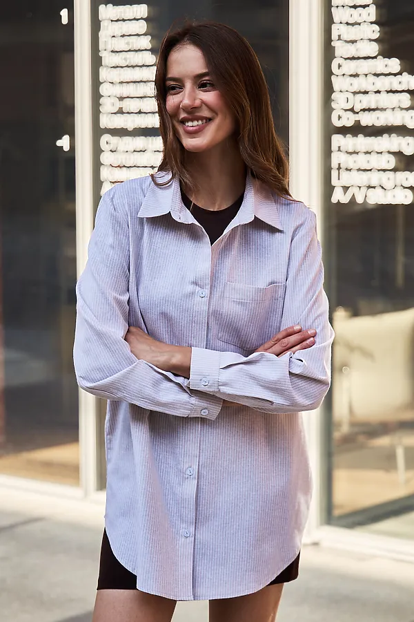 Рубашка оверсайз в полоску хлопковая НАТАЛИ, бежевый - фото 2