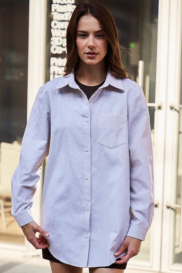 Рубашка оверсайз в полоску хлопковая НАТАЛИ, бежевый - фото 2