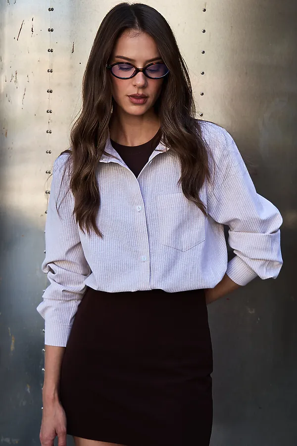 Рубашка оверсайз в полоску хлопковая НАТАЛИ, бежевый - фото 2