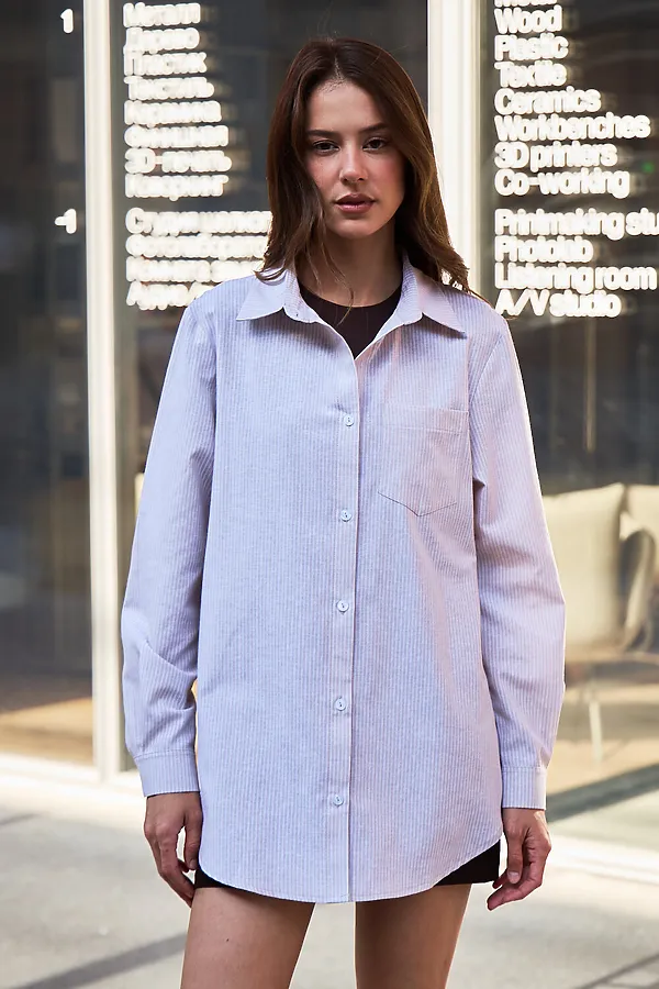 Рубашка оверсайз в полоску хлопковая НАТАЛИ, бежевый - фото 2