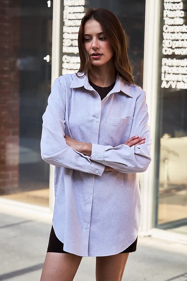 Рубашка оверсайз в полоску хлопковая НАТАЛИ, бежевый - фото 2