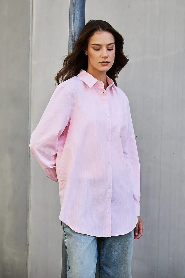 Рубашка оверсайз в полоску хлопковая НАТАЛИ, розовый - фото 2