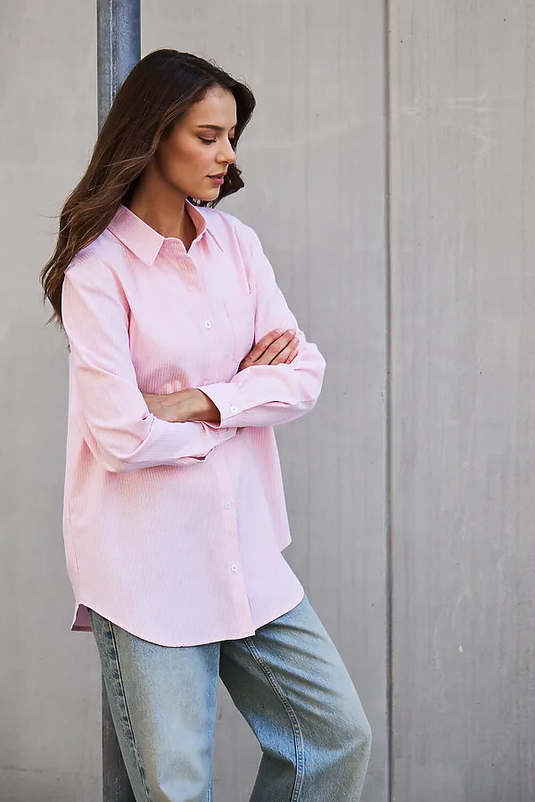 Рубашка оверсайз в полоску хлопковая НАТАЛИ, розовый - фото 2