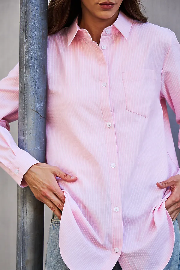 Рубашка оверсайз в полоску хлопковая НАТАЛИ, розовый - фото 2